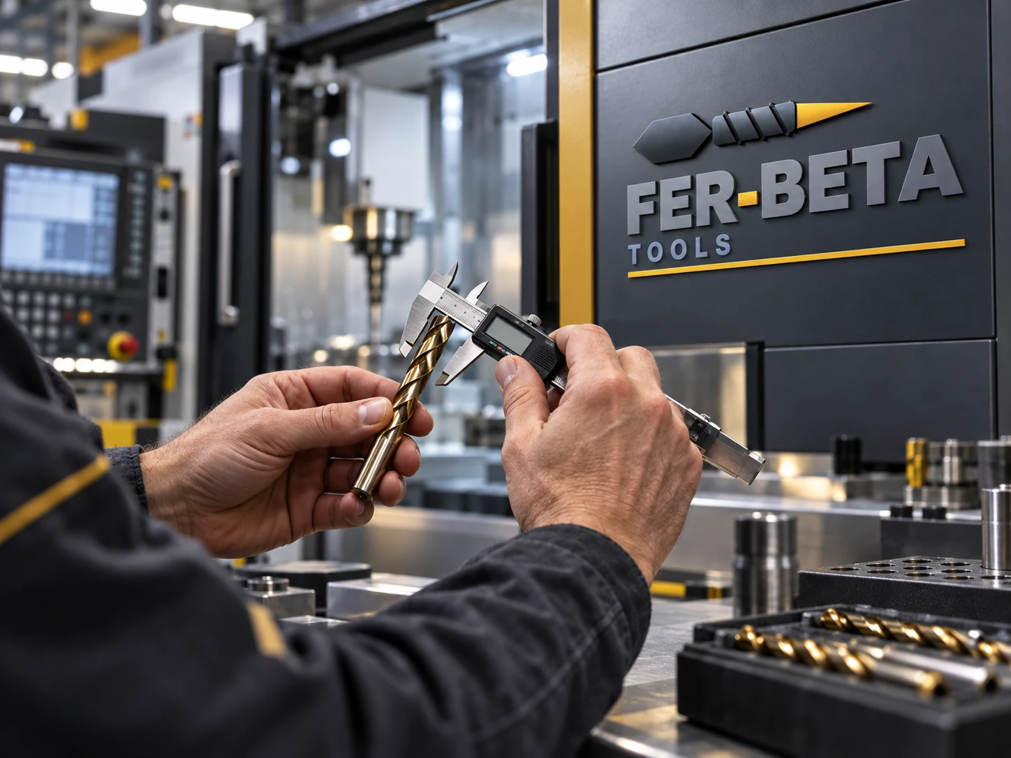 Técnico a medir uma broca FER-BETA com um paquímetro digital
